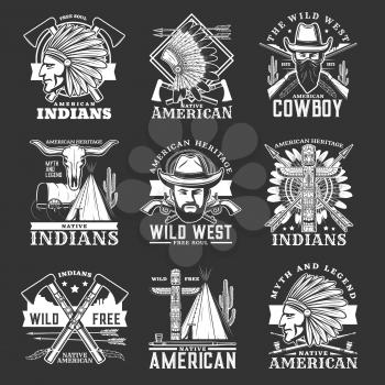 Wild West icons and western symbols of isolated vector cowboy, sheriff and native american chief. Wild West bandit, gun, bandana and hat, Texas cactus, bull skull, feather headdress, arrow and teepee