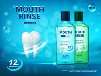 Mouth rinse, dental hygiene poster, vector ad for teeth and oral cavity cleaning. White healthy tooth, bottles with dental care product, mint flavour, anti bacterial, alcohol free plaque protection