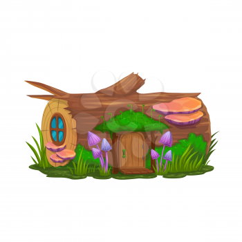 Cartoon stump house dwelling of gnome, wizard or elf, vector dwarf home. Fairy tale elf or leprechaun house with mushroom in forest tree stump, fairytale dwarf or gnome fantasy hut cabin