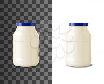 Glass jar of mayonnaise, realistic packaging of food. Vector pot or bottle container of mayonnaise, white dip sauce isolated glass jar with blue lid or screw cap mockup, food condiment pack