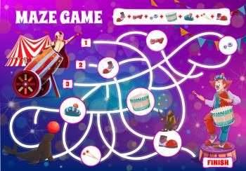 Kids maze game, make circus clown cartoon boardgame with shapito performers, vector. Kids tabletop labyrinth or maze puzzle game template with clown, funfair carnival tent and trained animals