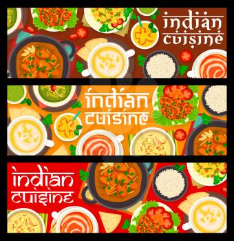 Indian cuisine meals banners. Lassi yogurt drink, Pulao rice and tomato cream soup, chicken with spinach Palak Murgh, prawn in tomato sauce and pea cream soup, Chawal Ki Kheer pudding, turkey curry