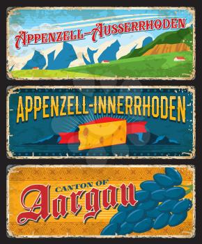 Appenzell-Ausserrhoden, Appenzell-Innerrhoden and Argau Swiss canton plates. Vector vintage banners with Switzerland cheese, grapes and mountains. Travel touristic landmark signs, retro grunge boards