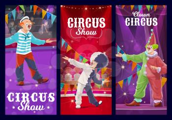 Shapito circus clowns, jesters and harlequin characters. Cartoon vector artists or performers on big top arena. Funsters in bright costumes perform on scene with spotlights. Carnival show banners set