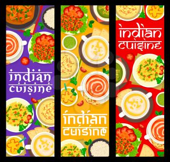 Indian cuisine meals banners. Rice pudding with nuts, mango yogurt drink Lassi and prawn in tomato sauce, Pulao rice, chicken with spinach Palak Murgh and turkey curry, pea and tomato cream soups