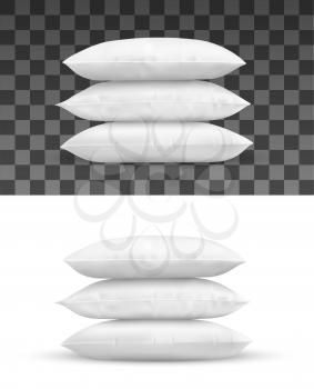 Pillow stack, realistic vector object of white cushions. Isolated pile of rectangle bed pillows 3d mockup with cotton or silk pillowcases, soft and comfortable bedding, bedroom accessories design
