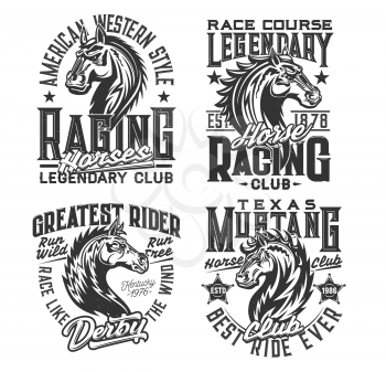 Horse racing sport and equestrian club t-shirt prints. Horse stallion, american mustang mascot head vector. Equestrian sport competition, derby racing course apparel custom print design