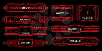 HUD danger and alert attention red interface signs. Vector warning notification, caution futuristic ski-fi UI design elements in modern technology style. Pop up alarm screens for hacker virus attack