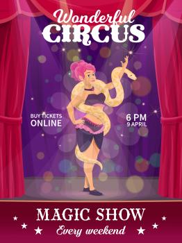 Shapito circus poster, woman with snake performing on big top arena. Vector flyer with girl artist character with trained python on scene. Invitation on magic show, buy tickets online cartoon design