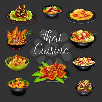 Thai suicune vector design of asian seafood and meat dishes. Hot soups of shrimp tom yum, chilli meat, chicken curry with pineapple and fried rice, chicken noodle, pork with peanut sauce, beef salad