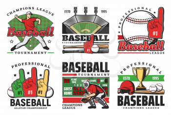 Baseball sport game vector icons with balls, bats and winner trophy cup, stadium play field, pitcher player helmet and scoreboard, catcher glove, sporting items and fun hand. Baseball club emblems