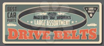 Engine serpentine or drive timing belt, car parts shop vintage retro poster. Vector automobile spare parts and vehicle accessory workshop, mechanic garage station