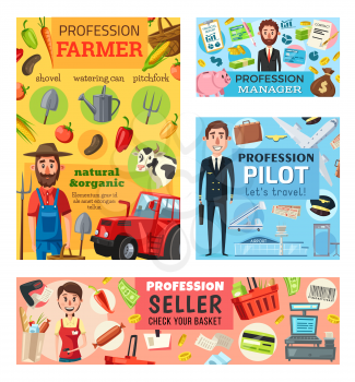 Farmer, pilot or flight attendant, business manager and seller profession people. Vector professional staff items in travel and civil aviation, agriculture farming and store service