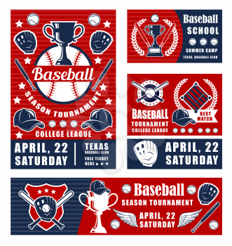 Vector baseball player tournament, sport champion winner cup, batter bat, glove and ball. Baseball game championship, team and league posters or banners