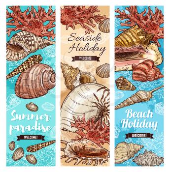 Welcome to paradise, summer seaside holiday sketch banners. Vector holiday travel quotes banners, sea and ocean shells, underwater corals, summer beach vacations journey adventure and seaside resort