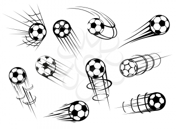 White and black leather soccer balls with motion trails and net of play field goal gate, sporting equipment. Football or soccer ball vector icons of sport game and team player items