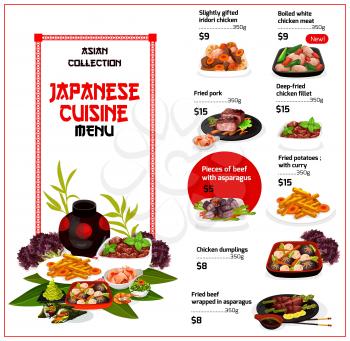 Japanese cuisine restaurant menu, traditional food dishes. Vector menu of iridori chicken, fried pork filet and potatoes with curry, beef meat wrapped in asparagus