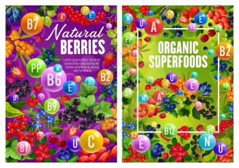 Natural garden and forest berries, organic superfood. Vector multivitamin complex of C, D, B, vitamins and minerals. Cherry and sea buckthorn, cranberry, honeysuckle and blackcurrant, juniper barberry
