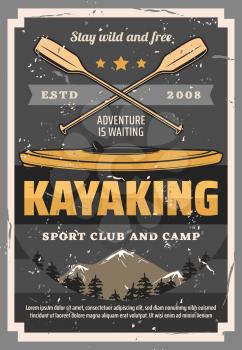 Kayaking sport, canoeing, rafting boat, crossed paddle summer sport. Vector paddling outdoors activity, kayaks vintage club and camp. Kayak diving, fishing and travel, whitewater and surf kayaking