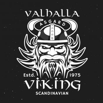 Scandinavian viking god Odin head in horned helmet, t-shirt print design. Vector Valhalla majestic, enormous hall located in Asgard, Norse mythology. , German warrior bearded man character