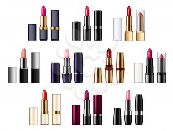 Color lipsticks palette of red, pink, brown color. Vector assortment of glossy lipsticks in tubes, pomade applicator in realistic design. Fashion mockup of makeup cosmetics, lips decor item