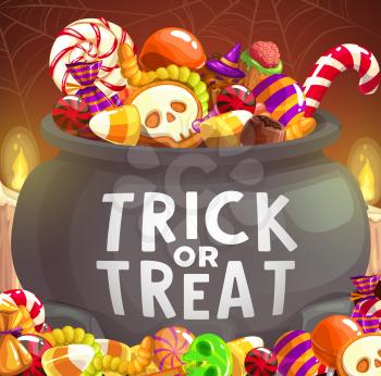 Halloween candies in witch cauldron, trick or treat vector design. Pumpkin sweets, chocolate and lollipops, jellies, gummy worms and cakes in shape of skull, bat and brains with witch hats, spider net