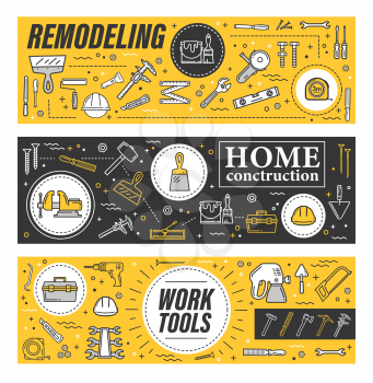 Work tool vector icons. Repair and construction DIY, renovation equipment. Screwdriver and toolbox, helmet and trowel, spanner and paint, pliers, saw and hacksaw, ax, file, hammer, nails and drill