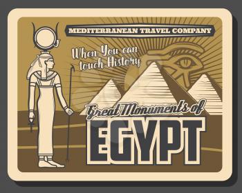 Egypt monuments, pyramids and gods. Vector Horus eye and Amun Ra statue, travelling landmarks. Ancient egyptian pharaoh palace or temple, Egypt history and culture
