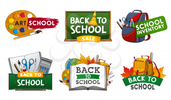 School supplies vector icons of Back to School and education design. Student book, backpack and chalkboard, notebook, pencil and globe, pupil stationery, paint brush and calculator, glue and scissors