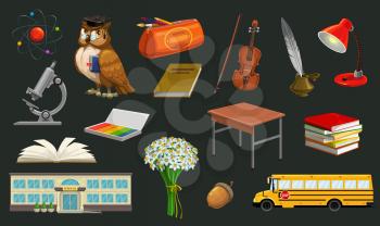 Back to school isolated symbols. Vector wise owl in hat with book, microscope and pencil case, bus and daisy flowers bouquet. Open textbook and school building, lamp and ink pen, acorn and violin