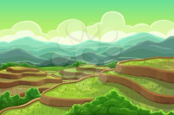 Chinese rice fields in mountain landscape, plantation on cascade field, terraced agriculture. Vector green trees and mountain scenery, asian meadow with plants. Tea plantation in China, Vietnam, India