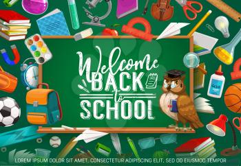 Welcome back to school inscription on chalkboard, frame of stationery tools. Vector piles of book and lamp, glasses and chemical flask, protractor, watercolor paintings. Basketball ball and microscope