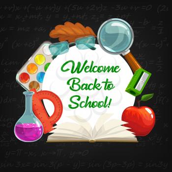 Student and education supplies, Welcome Back to School vector design. Book, notebook and ruler, sharpener, apple and magnifier, chemical tube, glasses and autumn leaf with blackboard and maths formula