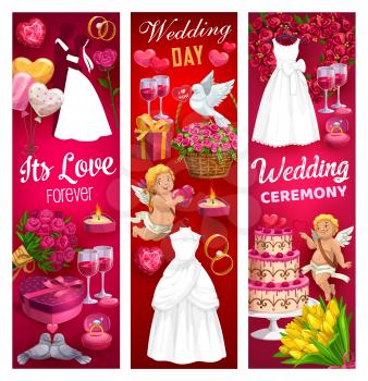 Wedding ceremony rings of bride and groom vector design. Wedding gifts, bridal dress and hearts, balloons, chocolate cake and flower bouquets, Cupids, present box and wine glasses, candies, dove birds