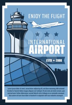 Vector airplane in airport terminal with air traffic control tower, passenger aviation and airline jet flights. Air travel and tourism, poster of international airport or travel theme