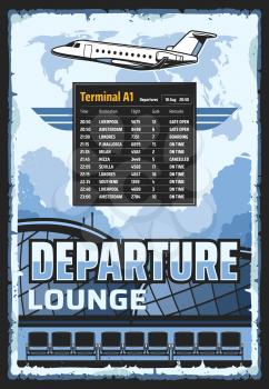 Airport vintage poster of passengers terminal departure lounge and flights schedule table. Vector travel and tourism, international airport jet in sky, tourist company and airlines
