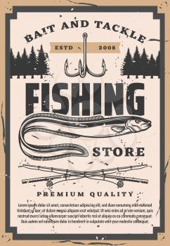 Eel fishing, vector fisher big catch bait and tackles store vintage poster. Sea and ocean fish lures, spinning rods and hooks