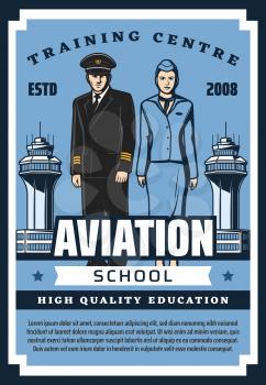 Civil aviation school, pilot and flight attendant training center. Vector airline service staff quality education, pilot and stewardess in uniform at airport