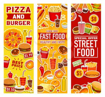 Fast food snacks and drinks, restaurant and bistro menu banners. Vector hot dogs and burgers, Mexican tacos, nachos and burrito, pizza with soda drink, ice cream and coffee, street food takeaway