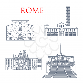 Rome travel landmarks, italian architecture and famous sightseeing symbols. Vector church of Santa Maria in Cosmedin and Aracoeli, basilica St Croce in Gerusalemme and Spanish Steps