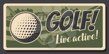 Golf club, professional game and sport hobby training vintage retro poster. Vector premium golf club championship and victory cup tournament, golf ball and stick on green putter tee