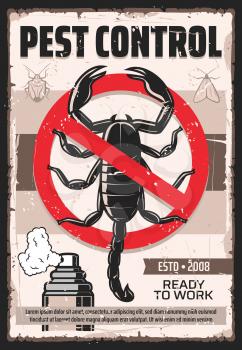 Pest control service vintage poster, professional home disinsection. Vector dangerous insects extermination, moth, ticks and parasite bugs disinsection, domestic pest control fumigation, stop sign