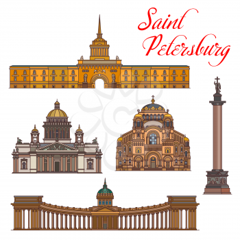 Saint Petersburg architecture, vector landmark buildings, famous sightseeing. Saint Isaac and Kazan Cathedral, Naval cathedral of Saint Nicholas in Kronstadt, Admiralty and Alexander Column