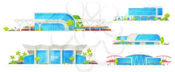 Railway station building, train platform and passenger terminal infrastructure. Vector isolated icons of modern railway, bus station building with public transport bus and cars