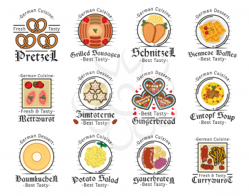 German cuisine vector icons of meat dishes with vegetables and desserts. Mettwurst sausages, pretzel and currywurst, schnitzel, eintopf and sauerbraten, viennese waffles, potato salad and gingerbread