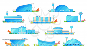 Airport building, modern architecture icons with airplane on runway and passenger terminal infrastructure. Vector isolated icons of city airport with public transport bus, metro and taxi cars