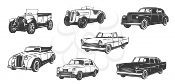 Vintage retro cars isolated black monochrome icons. Vector classic and old time antique vehicle models of cabriolet, coupe or convertible sedan, retro auto collectors club transport symbols