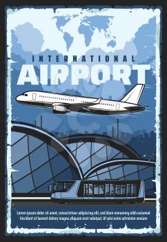 Air travel and tourism, international airport flights and passenger transfer shuttle bus service. Vector vintage retro poster, airplane at airport terminal, civil aviation and private airline flights