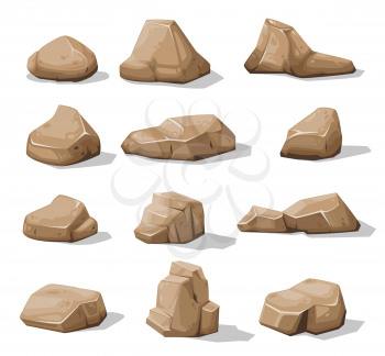 Cartoon brown rock stones and boulders, vector rubble gravel and cobble icons. Rock stones or debris blocks, gravels of granite pebbles in piles, game asset