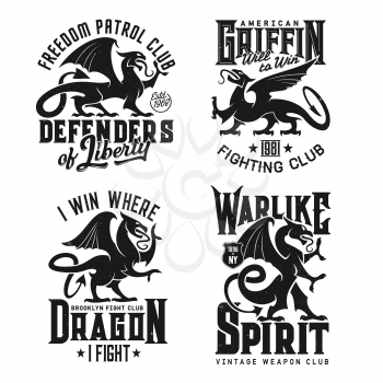 Tshirt prints with heraldic griffins, vector mascot for fighting club. Fantasy Griffon, dragon, lion and eagle creatures. Mythical animals silhouettes and typography, isolated grunge labels, signs set